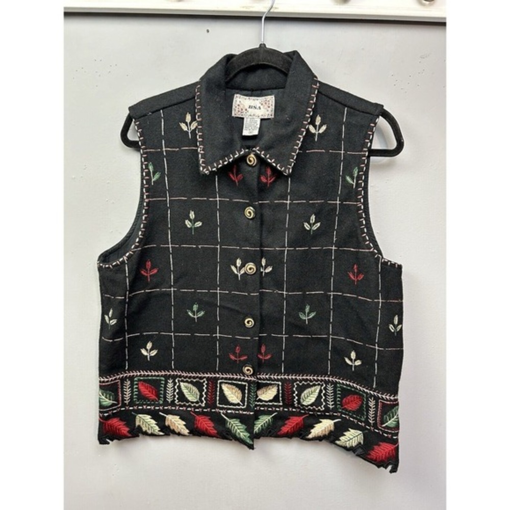BSA Womens Wool‎ Blend Embroidered Leaf Vest Black Button Front Scalloped Hem M